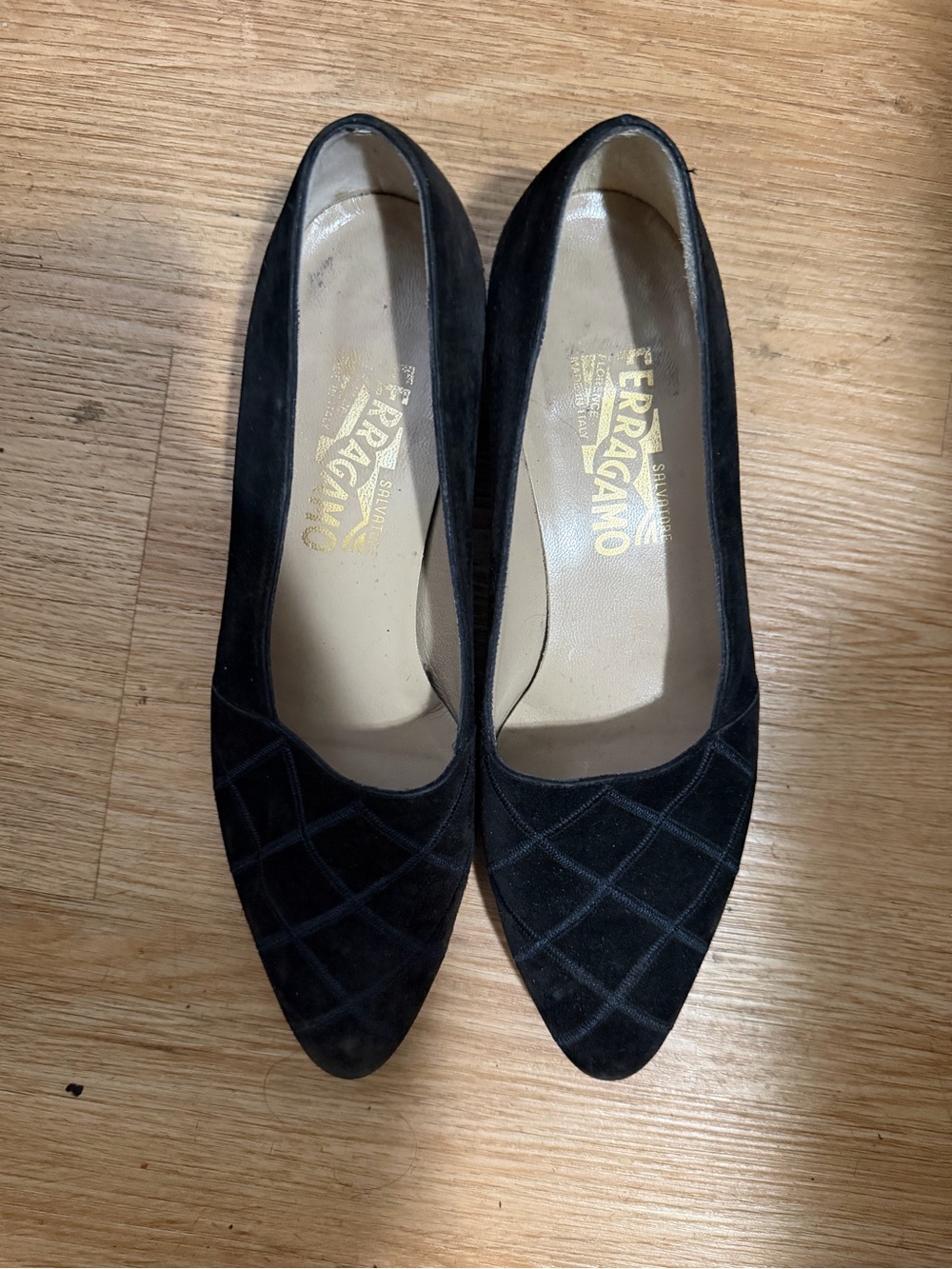 Salvatore Ferragamo Black Suede Pointed Toe Quilted Flats